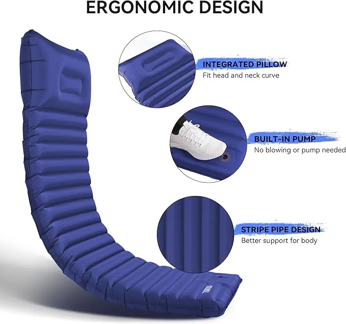 TOBTOS Inflatable Sleeping Pad for Camping with Pillow, 4" Thick Camping Mat with Built-in Foot Pump, Compact Air Mattress for Camping, Hiking, Backpacking (Blue)