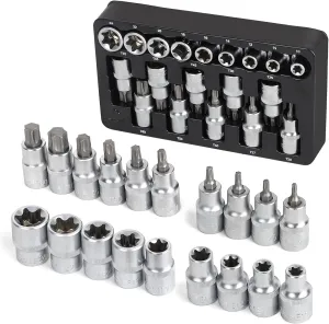 TOPLINE 19-Piece 1/2” Drive E-Torx Socket Set and Torx Bit Socket Set, with Storage case, Premium CR-V Steel, E10-E24, T20-T70, E Socket Set for Mechanic and Home Repair
