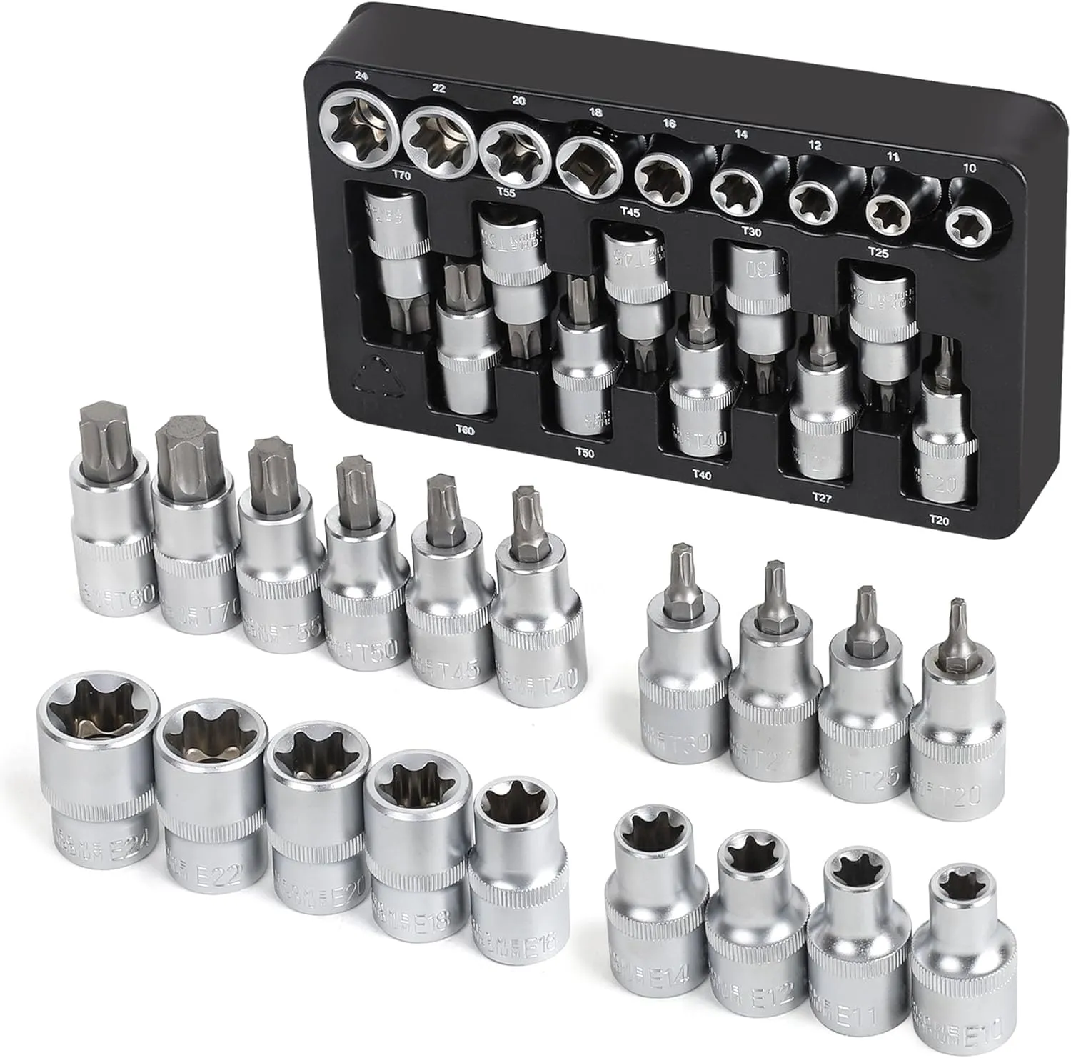 TOPLINE 19-Piece 1/2” Drive E-Torx Socket Set and Torx Bit Socket Set, with Storage case, Premium CR-V Steel, E10-E24, T20-T70, E Socket Set for Mechanic and Home Repair