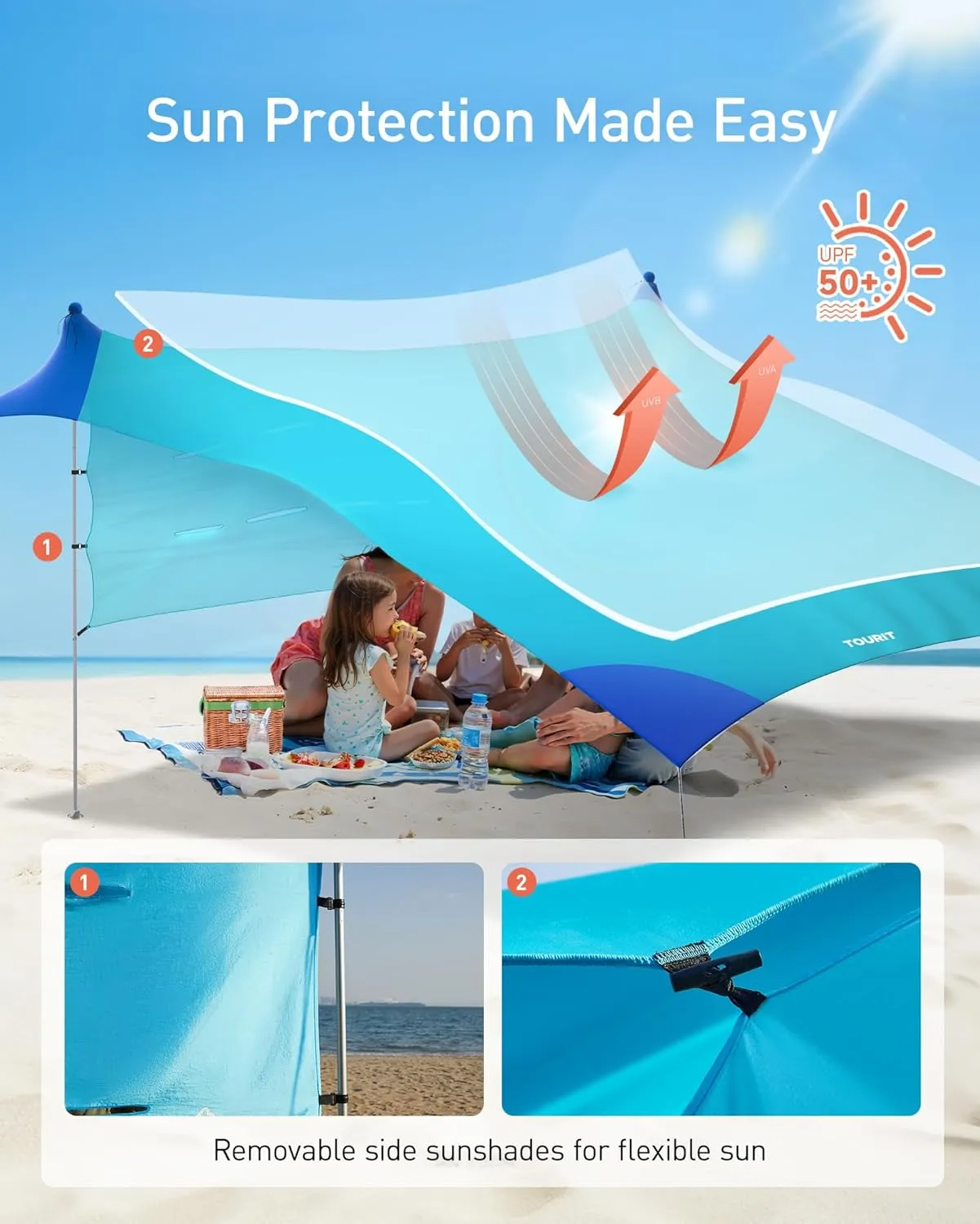 TOURIT Beach Tent Sun Shelter 11x11ft, UPF50  Protection Beach Canopy Tent Sun Shade with Windproof Design, Outdoor Canopy for Camping, Fishing, Backyard, Blue