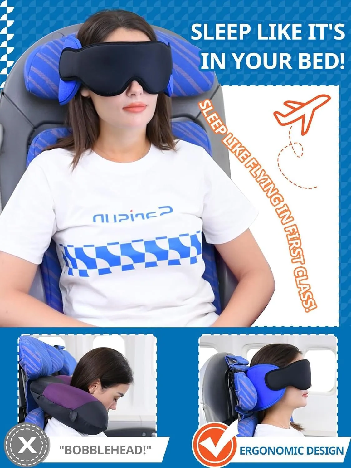 Travel Pillows for Airplanes, Airplane Pillow for Long Flight Car Road Trip, Airplane Head Strap with Sleep Eye Mask, 360° Support Headrest, Stop Bobblehead Travel Neck Pillow, Mottled Black