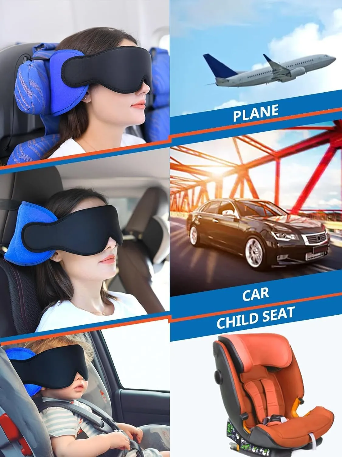 Travel Pillows for Airplanes, Airplane Pillow for Long Flight Car Road Trip, Airplane Head Strap with Sleep Eye Mask, 360° Support Headrest, Stop Bobblehead Travel Neck Pillow, Mottled Black