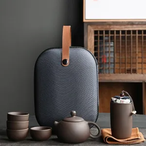 Travel tea set,Purple clay ceramic six piece set Kung Fu tea set