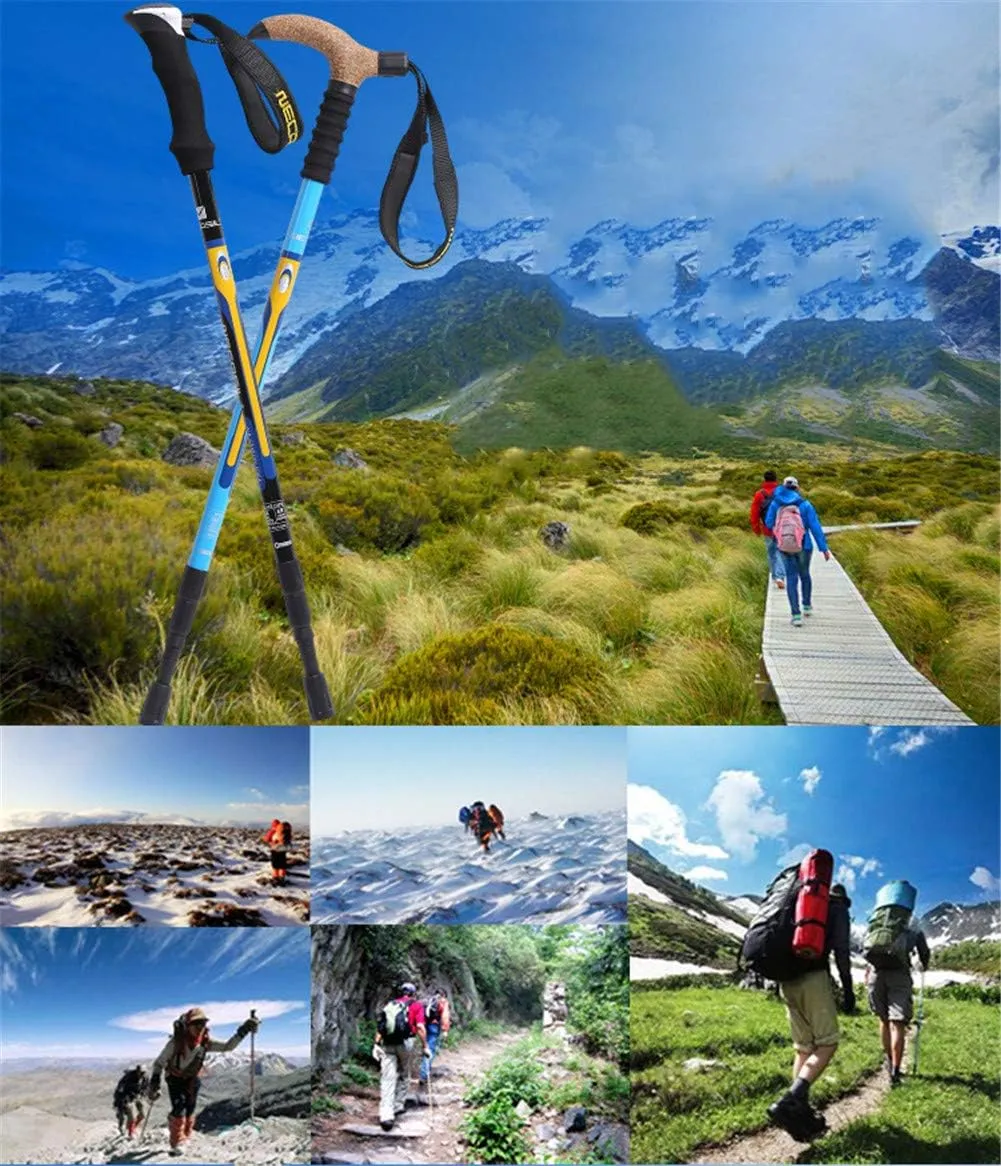 Trekking Poles Carbon Fiber Lightweight Telescopic Tri-fold Hiking Poles Walking Sticks Cork Grip Inner Lock System for Man and Female in Hiking Camping Walking Trekking (Blue Stra