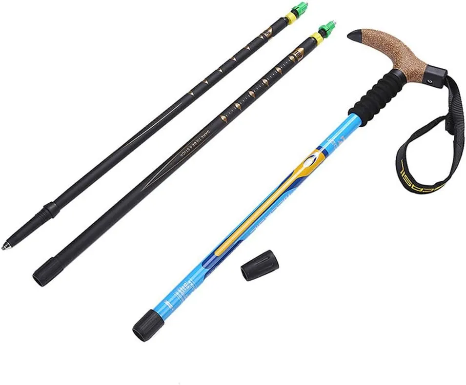 Trekking Poles Carbon Fiber Lightweight Telescopic Tri-fold Hiking Poles Walking Sticks Cork Grip Inner Lock System for Man and Female in Hiking Camping Walking Trekking (Blue Stra
