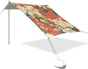 Tropical Flowers Foldable Beach Tent UPF50  Easy Setup Portable Sunshade with Sand Shovel for Family Trips, Picnics & Camping