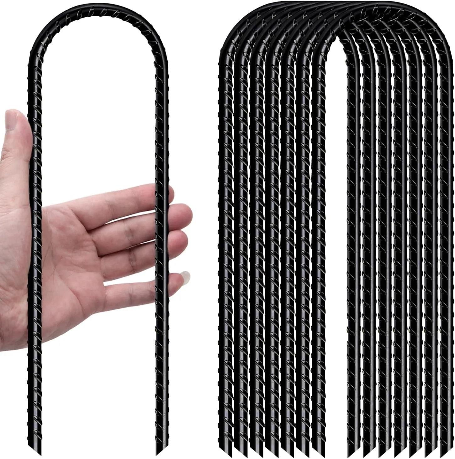 U Shaped Rebar Stakes 12 Inch Heavy Duty Ground Anchors (Pack of 8 Black) Ground Stakes Galvanized Steel, Trampoline Tie Down Anchor, Heavy Duty Stakes for High Wind
