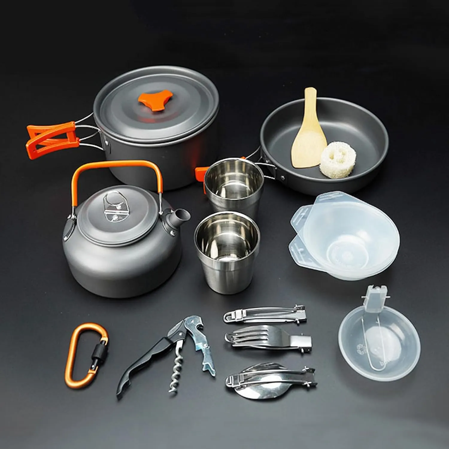 Ultralight Backpacking Cooking Set Gear with 2 Stainless Steel Cup and 3 Folding Utensils Compact Outdoor Camping Cookware Pots and Pans Set with Kettle for Outdoor Camping Hiking Picnic