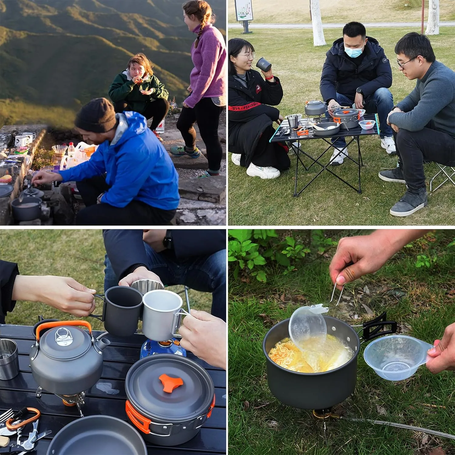 Ultralight Backpacking Cooking Set Gear with 2 Stainless Steel Cup and 3 Folding Utensils Compact Outdoor Camping Cookware Pots and Pans Set with Kettle for Outdoor Camping Hiking Picnic