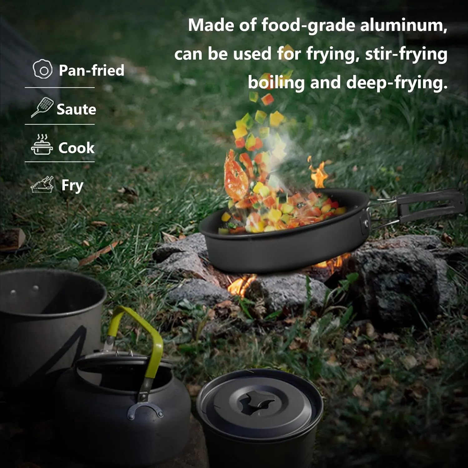 Ultralight Backpacking Cooking Set Gear with 2 Stainless Steel Cup and 3 Folding Utensils Compact Outdoor Camping Cookware Pots and Pans Set with Kettle for Outdoor Camping Hiking Picnic