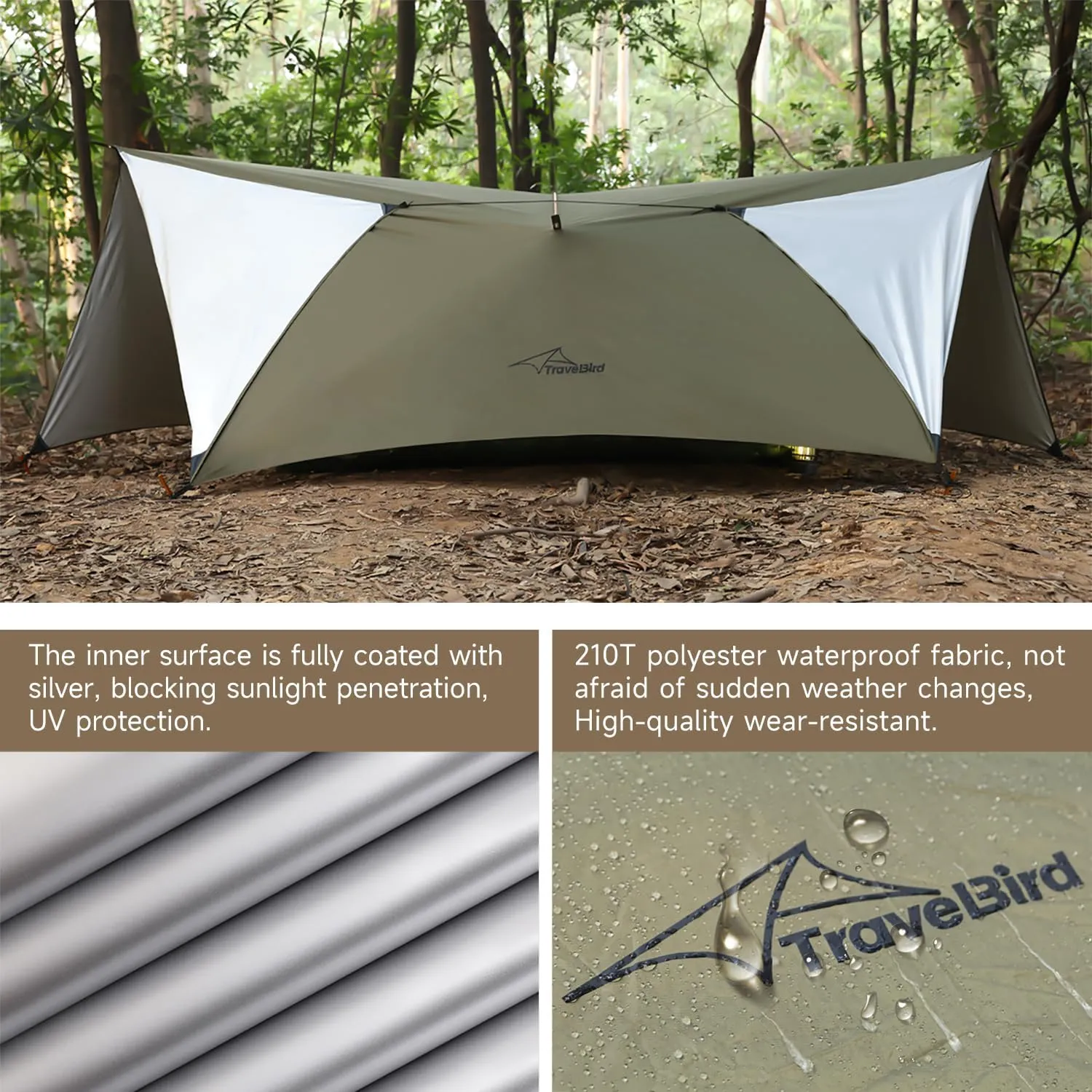 Ultralight Tarp, 14ft Hammock Rain Fly Lightweight Waterproof Camping Tent Tarp with Doors, Bushcraft Tarp Shelter for Backpacking Hiking Camping
