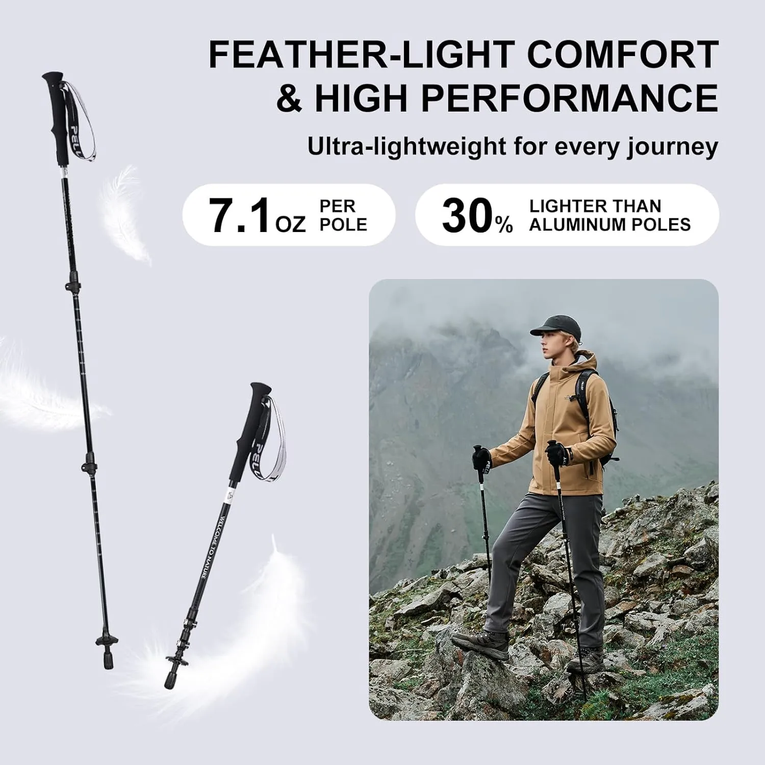Ultralight Trekking Pole Carbon Fiber & Aluminum Alloy Hiking Pole 3-Section Telescopic Hiking Stick with EVA Foam Grips Adjustable Walking Stick for Hiking