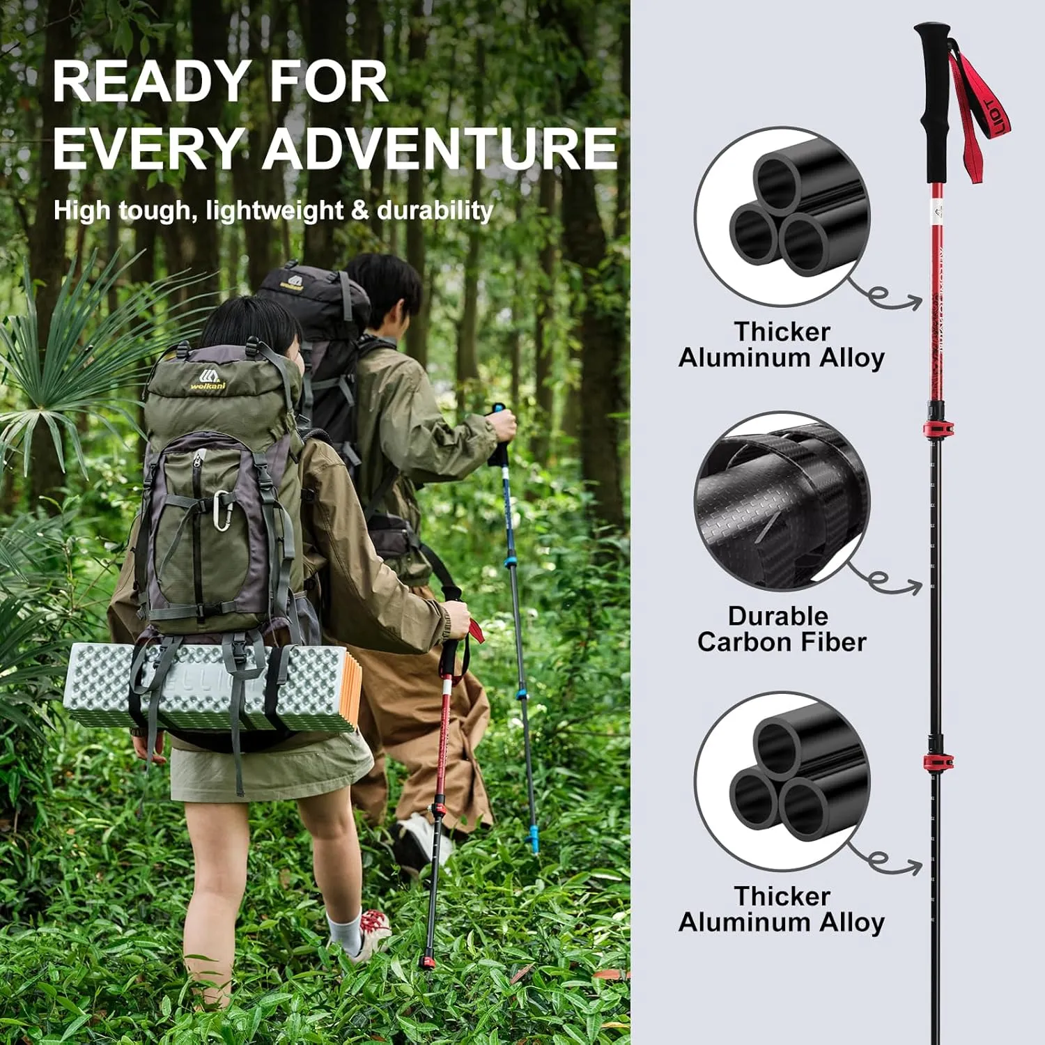 Ultralight Trekking Pole Carbon Fiber & Aluminum Alloy Hiking Pole 3-Section Telescopic Hiking Stick with EVA Foam Grips Adjustable Walking Stick for Hiking