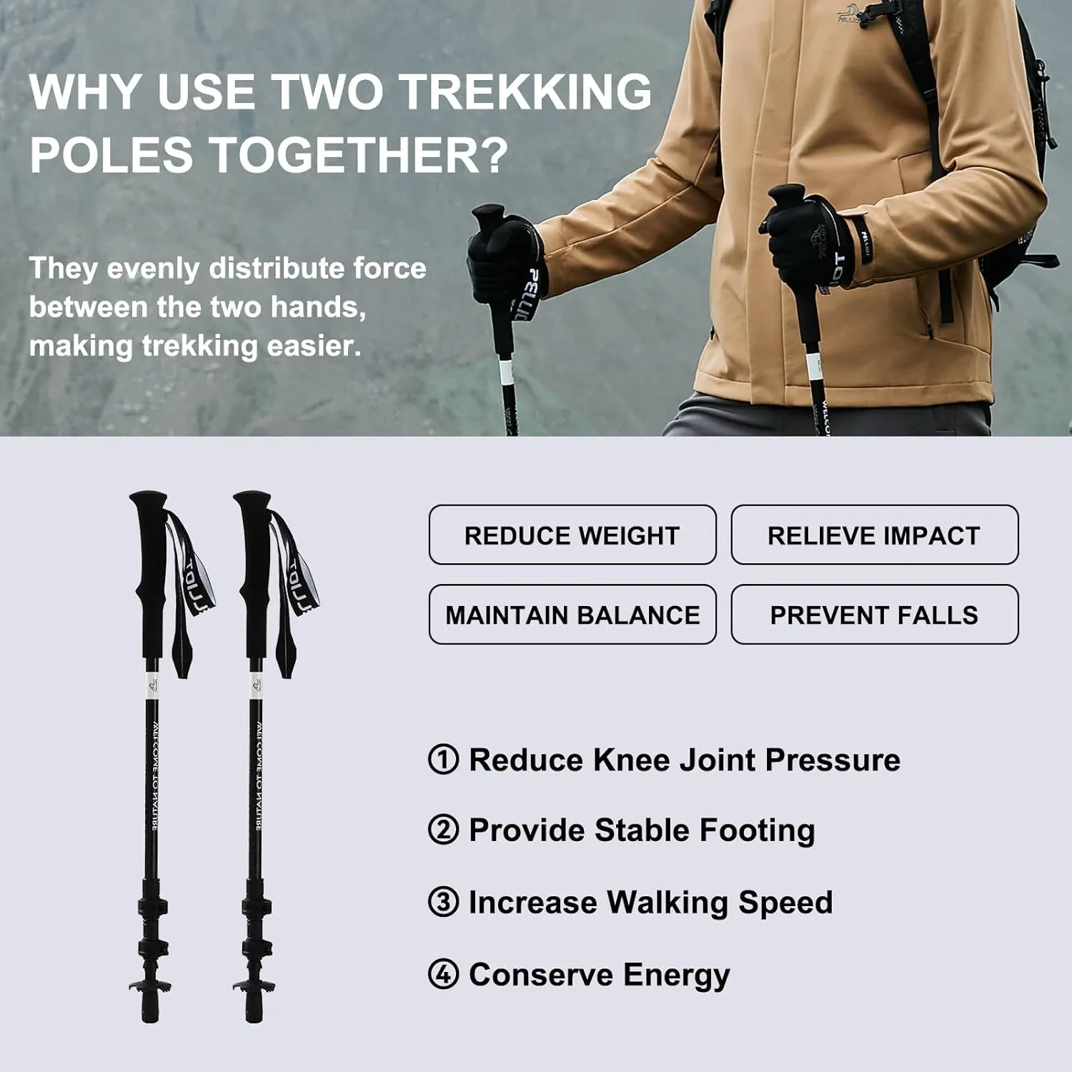 Ultralight Trekking Pole Carbon Fiber & Aluminum Alloy Hiking Pole 3-Section Telescopic Hiking Stick with EVA Foam Grips Adjustable Walking Stick for Hiking
