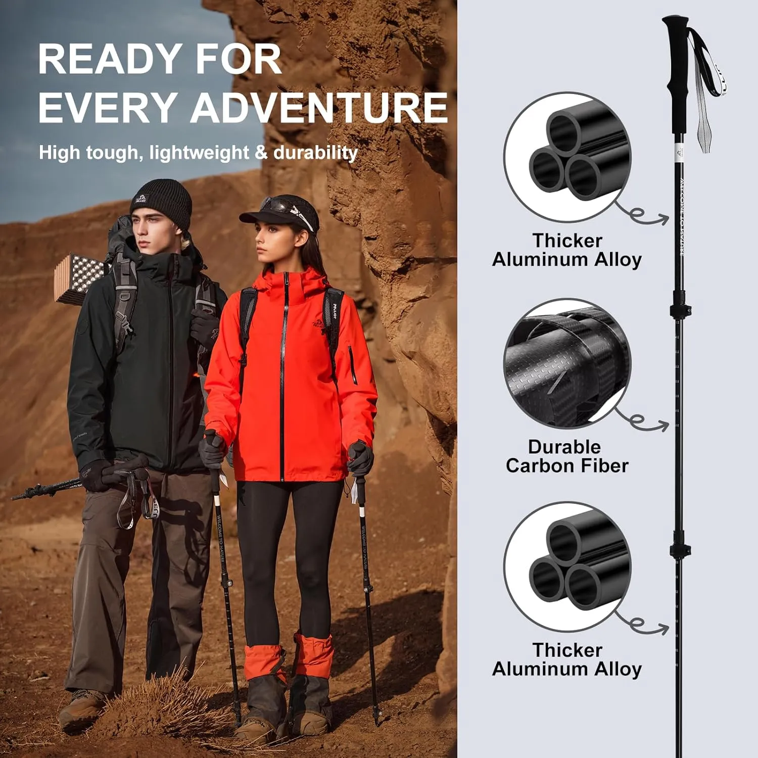 Ultralight Trekking Pole Carbon Fiber & Aluminum Alloy Hiking Pole 3-Section Telescopic Hiking Stick with EVA Foam Grips Adjustable Walking Stick for Hiking