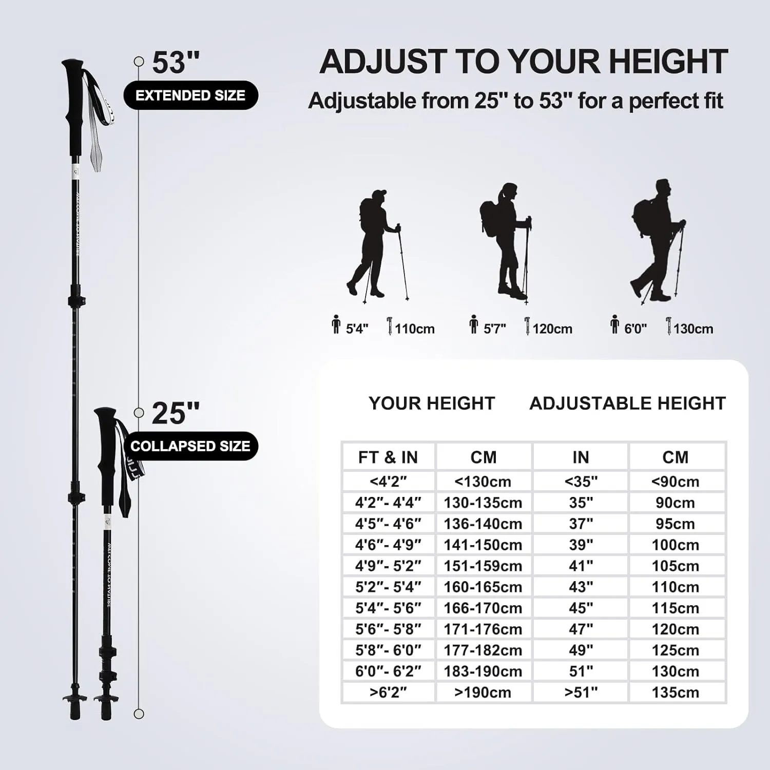Ultralight Trekking Pole Carbon Fiber & Aluminum Alloy Hiking Pole 3-Section Telescopic Hiking Stick with EVA Foam Grips Adjustable Walking Stick for Hiking