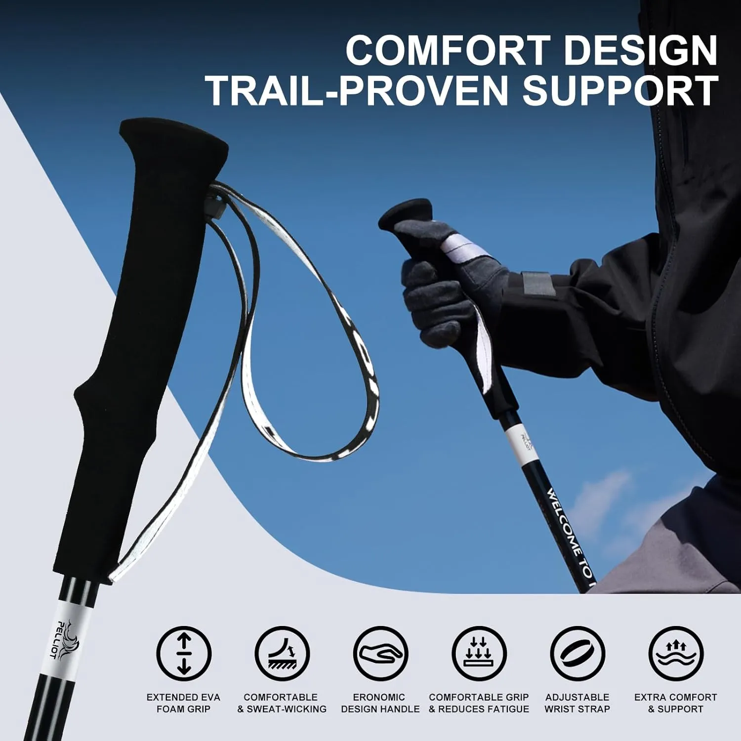 Ultralight Trekking Pole Carbon Fiber & Aluminum Alloy Hiking Pole 3-Section Telescopic Hiking Stick with EVA Foam Grips Adjustable Walking Stick for Hiking