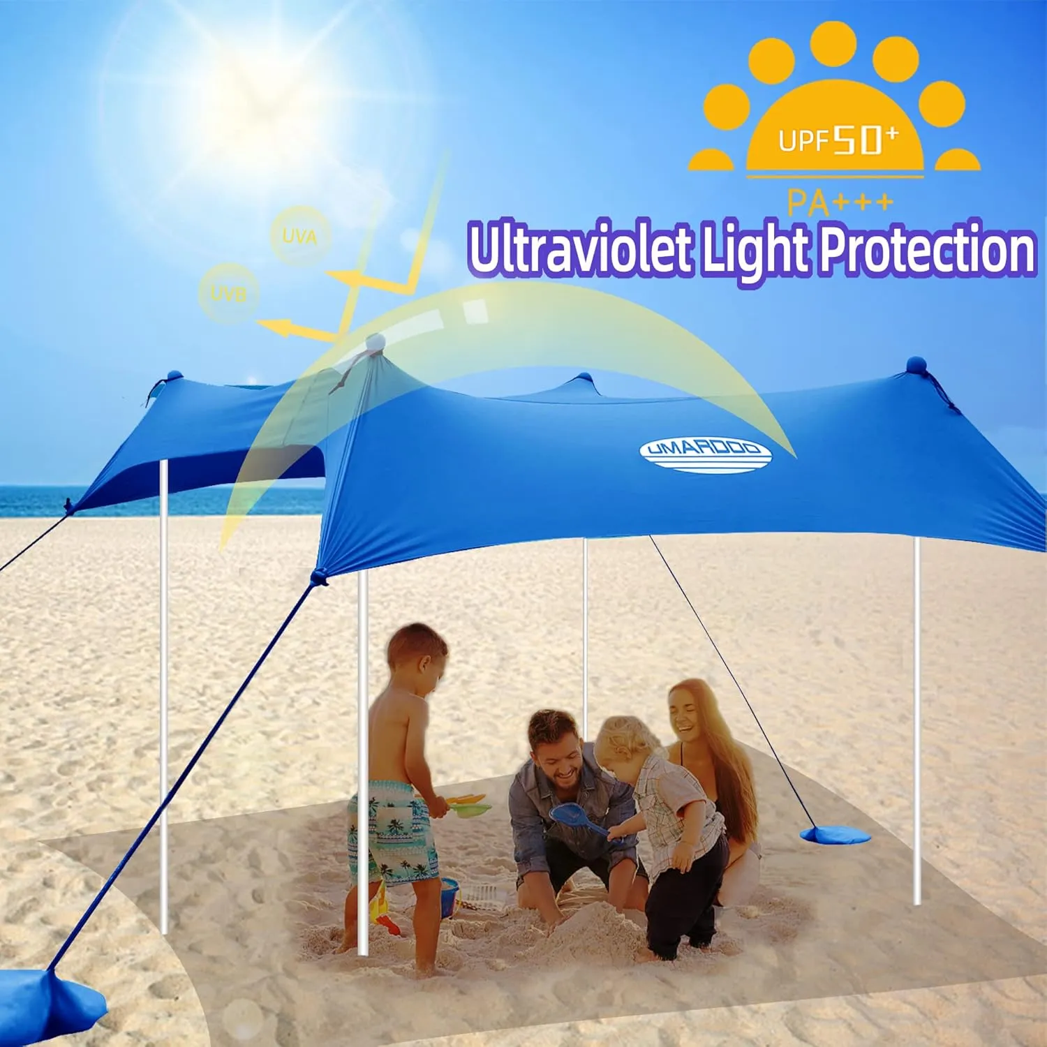 UMARDOO Family Beach Tent Canopy Sun Shade Portable 7×7FT, Large Wind Resistance Beach Sun Shelter Easy Setup with Packable Carry Bag for Outdoor Travel UPF 50 (Blue)