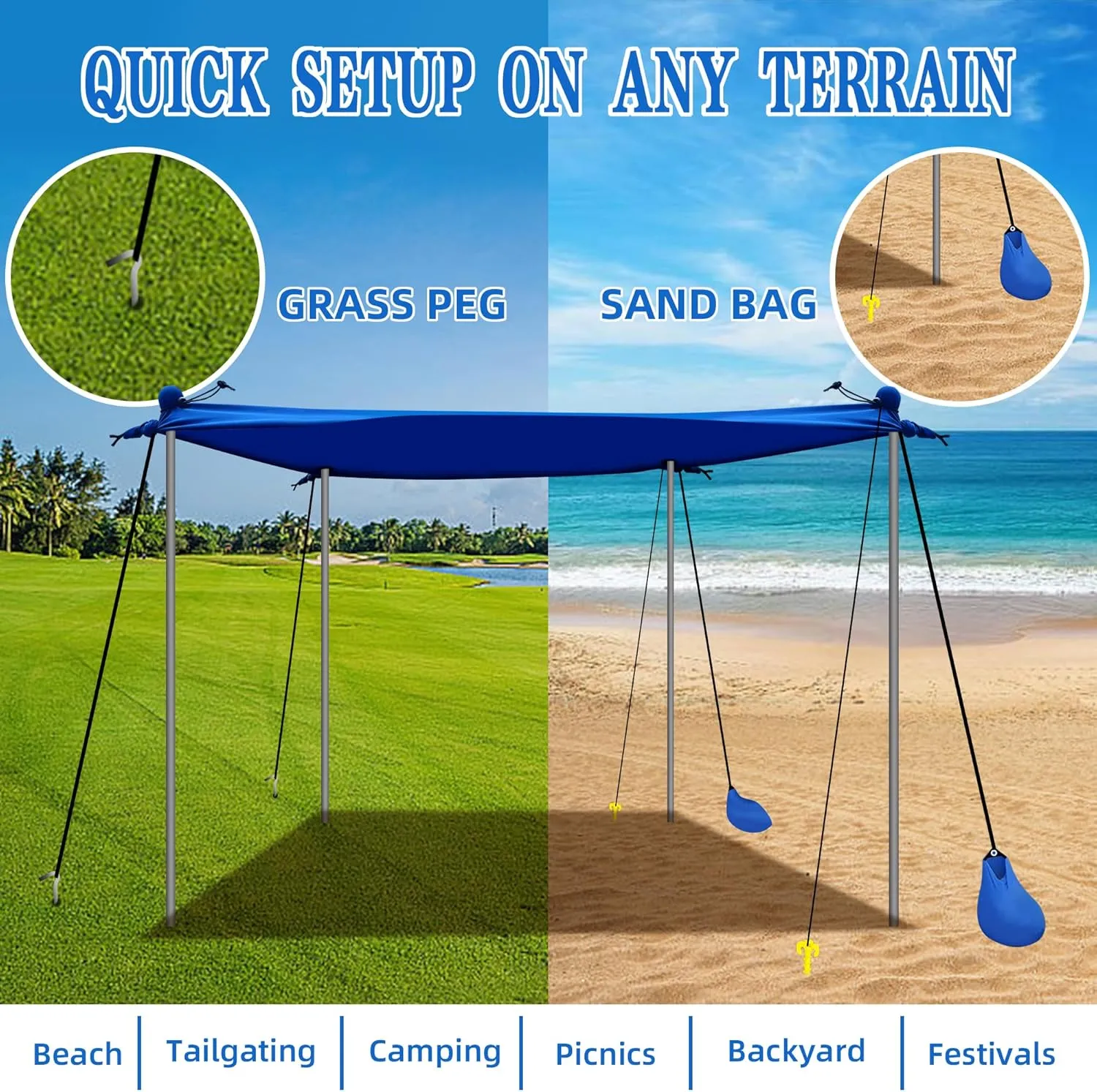 UMARDOO Family Beach Tent Canopy Sun Shade Portable 7×7FT, Large Wind Resistance Beach Sun Shelter Easy Setup with Packable Carry Bag for Outdoor Travel UPF 50 (Blue)