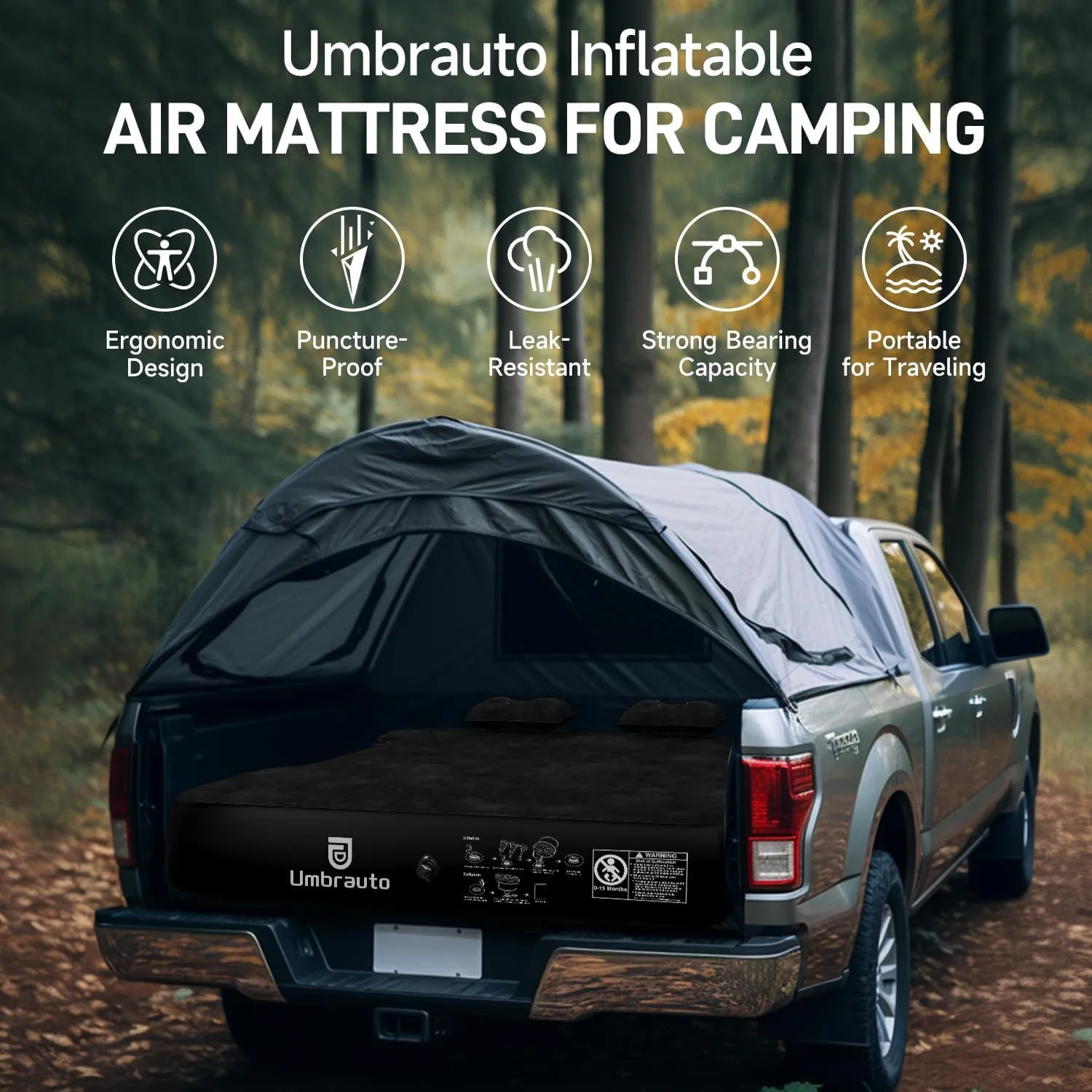 Umbrauto Air Mattress for 6-6.5ft Full Size Truck Bed, Inflatable Pickup Airbed with Pump, Tent Camping Sleeping Pad for Outdoor Travel