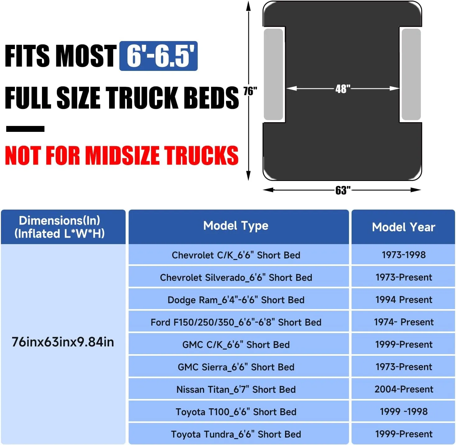 Umbrauto Air Mattress for 6-6.5ft Full Size Truck Bed, Inflatable Pickup Airbed with Pump, Tent Camping Sleeping Pad for Outdoor Travel