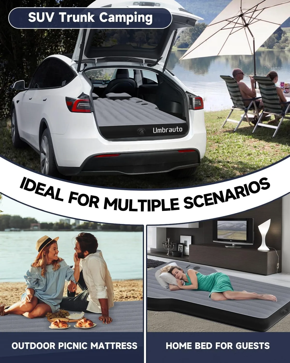 Umbrauto Air Mattress for Tesla Model Y, Custom Inflatable Camping Bed for Back Trunk, Upgraded Sleeping Pad w/Soft Flocking Surface, Durable 210T Fabric Bottom, Portable Pump for SUV Outdoor Travel