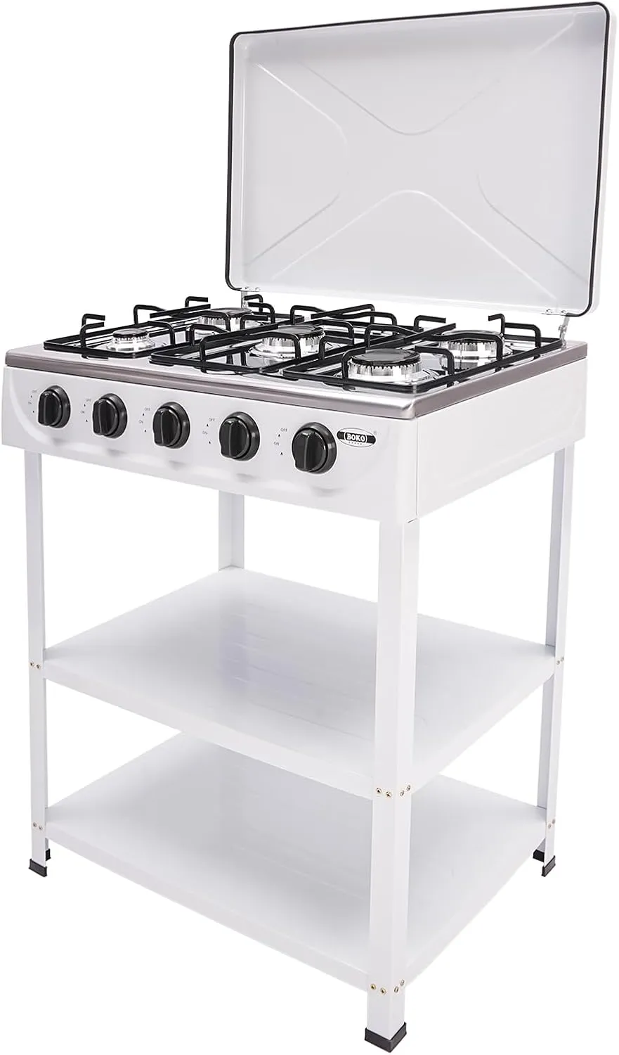 Undercat Gas Stove with 5 Burner Portable Natural Gas Stove with Support Leg Stand, Wind Blocking Cover and 2 Layers Storage Rack Manual Ignition Camping Stove for Home RV Apartment Outdoor (White)