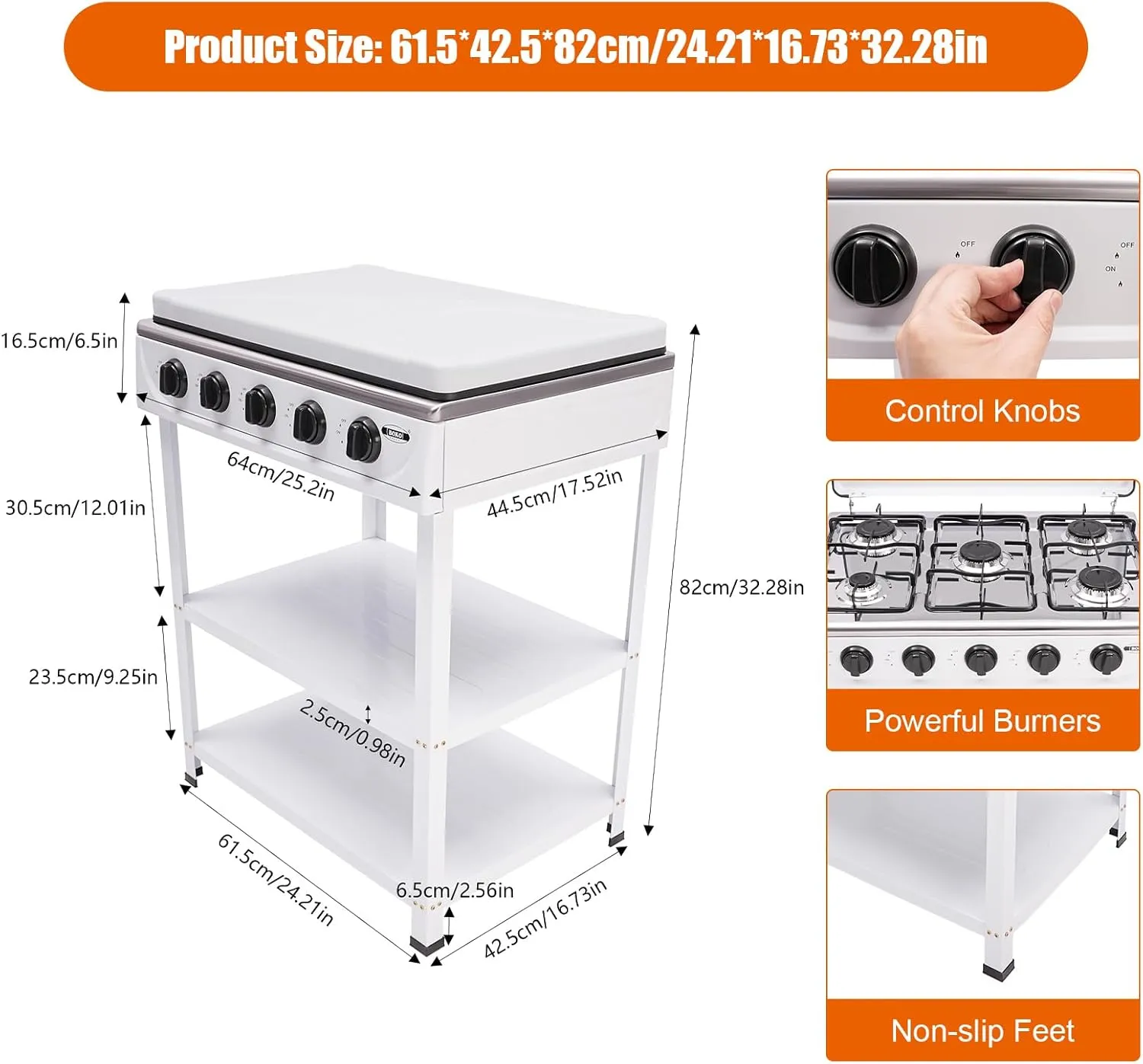 Undercat Gas Stove with 5 Burner Portable Natural Gas Stove with Support Leg Stand, Wind Blocking Cover and 2 Layers Storage Rack Manual Ignition Camping Stove for Home RV Apartment Outdoor (White)