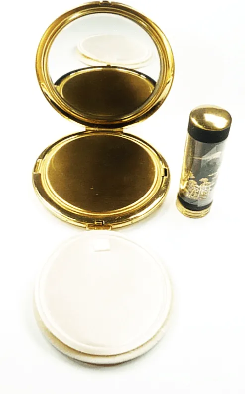 Unused Cased Damascene / Chokin Compact And Lipstick With 24 Karat Gold Decorations