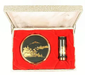 Unused Cased Damascene / Chokin Compact And Lipstick With 24 Karat Gold Decorations
