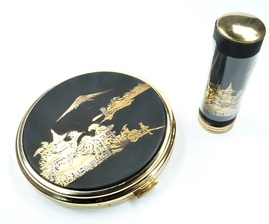 Unused Cased Damascene / Chokin Compact And Lipstick With 24 Karat Gold Decorations