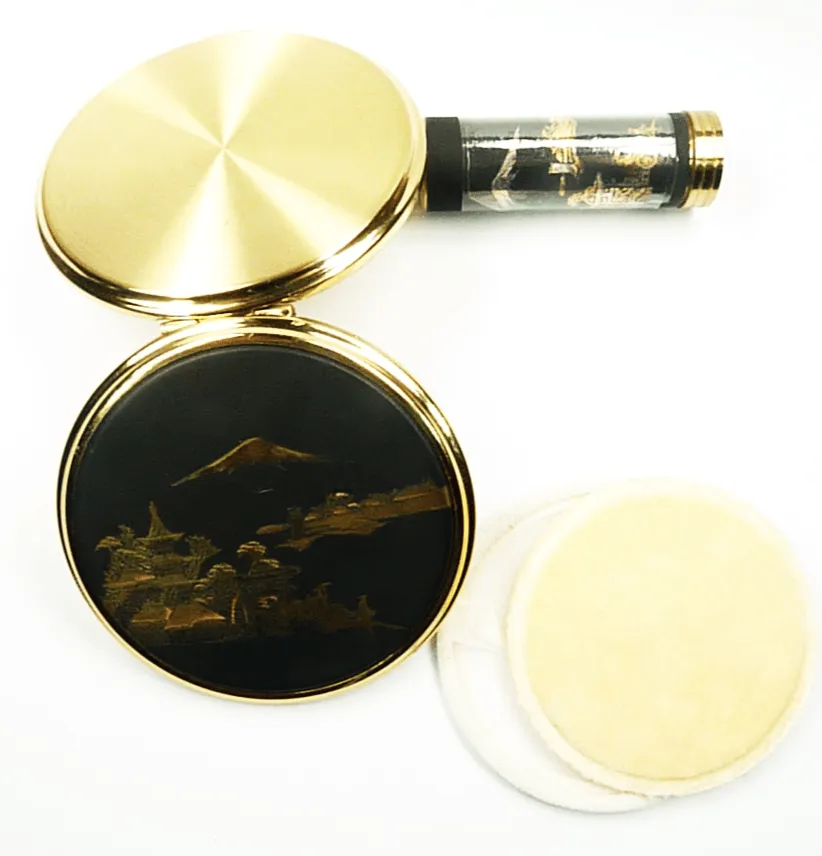Unused Cased Damascene / Chokin Compact And Lipstick With 24 Karat Gold Decorations