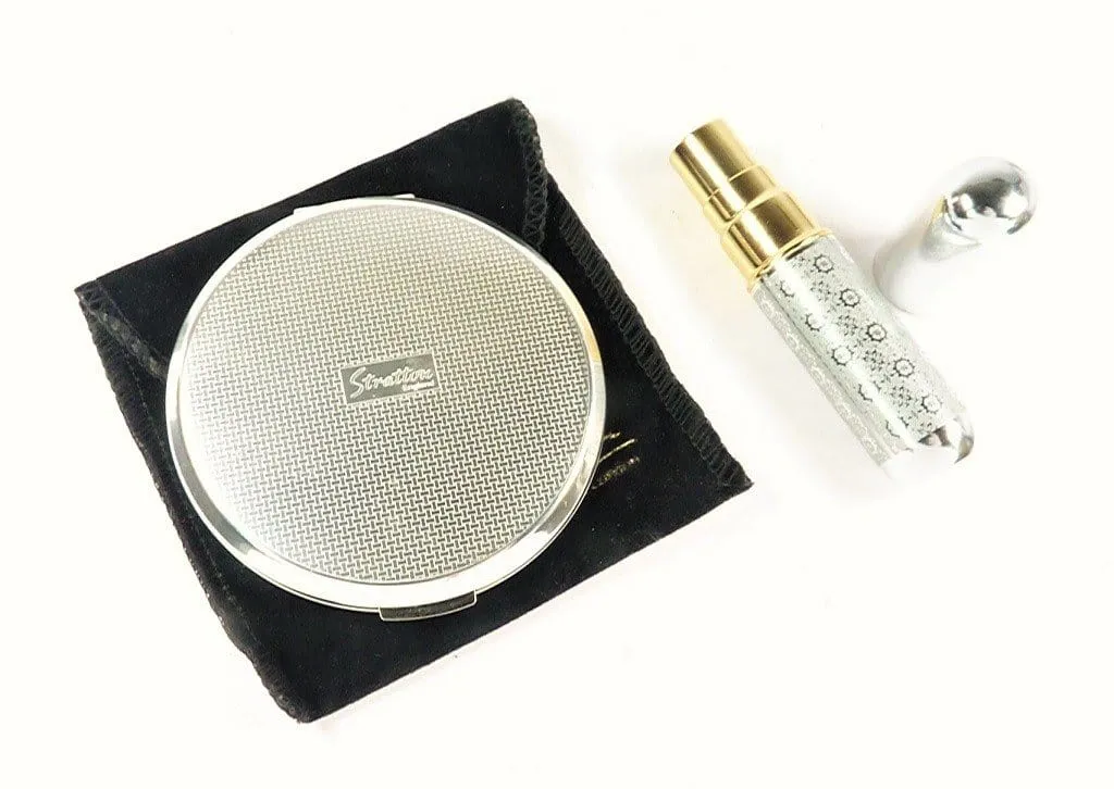 Unused Cased Silver Plated Stratton Compact And Perfume Atomiser Set 1990s