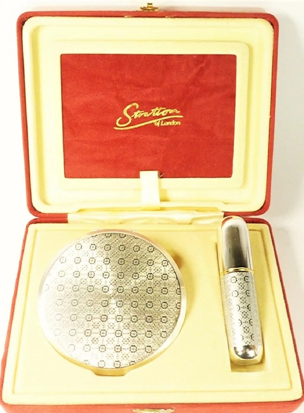 Unused Cased Silver Plated Stratton Compact And Perfume Atomiser Set 1990s