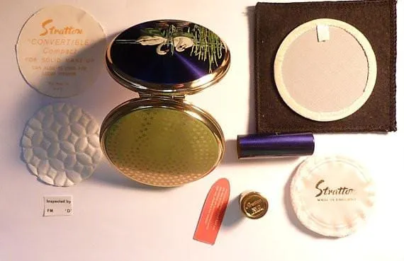 Unused Stratton compact and lipstick holder set bird series SWANS something blue gifts 1950s