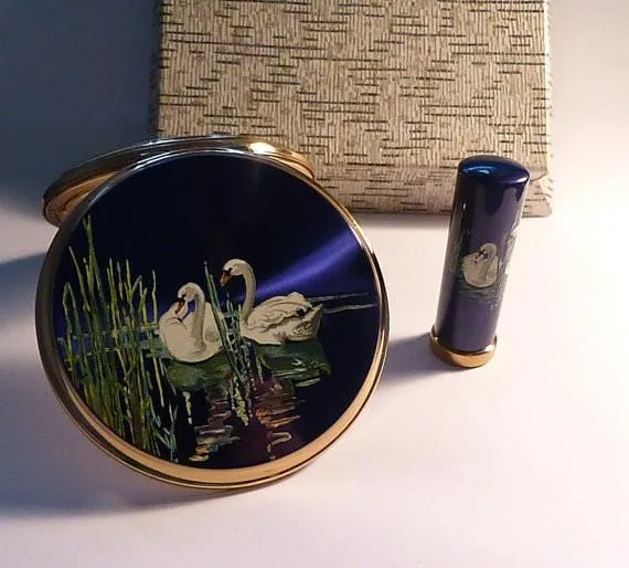 Unused Stratton compact and lipstick holder set bird series SWANS something blue gifts 1950s