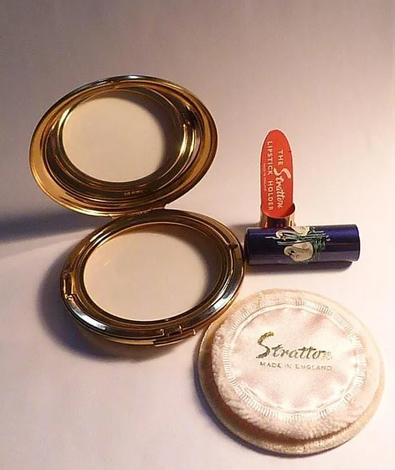 Unused Stratton compact and lipstick holder set bird series SWANS something blue gifts 1950s