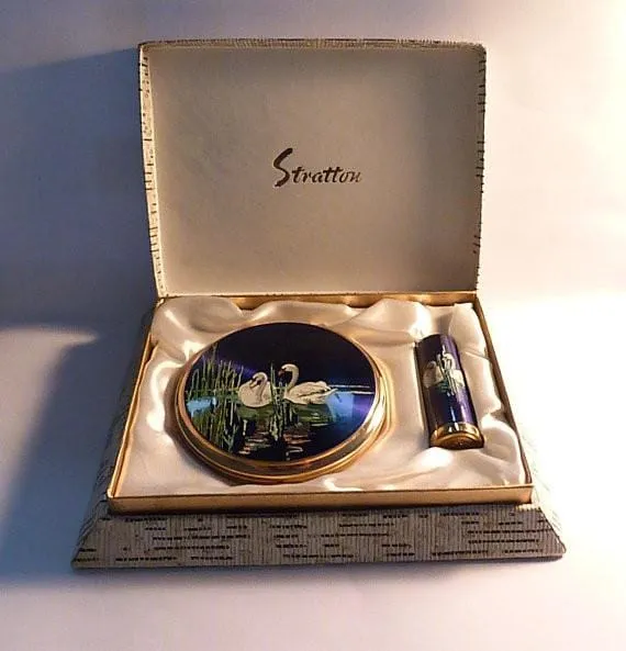 Unused Stratton compact and lipstick holder set bird series SWANS something blue gifts 1950s