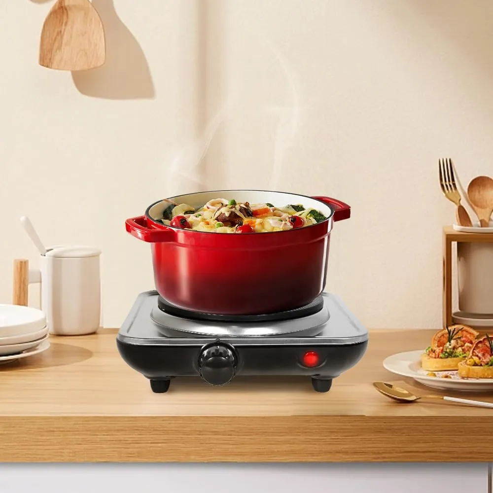 Uten Electric Countertop Single Burner, 1000W Cooktop with 8.26 Inch Cast Iron Hot Plate, 5 Level Temperature Control, Compact Cooking Stove and Easy to Clean Stainless Steel Base, Silver