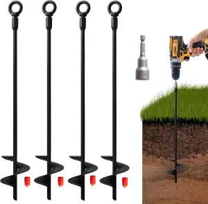 VASGOR 18” Ground Anchors (4pcs) Easy to Use with Drill, 30mm Diameter, Heavy Duty Anchor Hook for Camping Tent, Canopies, Car Ports, Sheds, Swing Sets, Securing Animals – Black Powder Coated