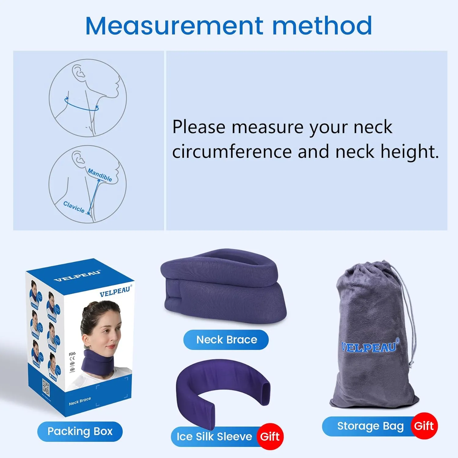 VELPEAU Neck Brace for Neck Pain and Support - Soft Cervical Collar for Sleeping in Bed, Snoozing, Sleeping Upright, Anti-Snoring, Sleep Apnea for Women & Men (Blue, Comfort Version, Medium: 11.5-14"/3″)