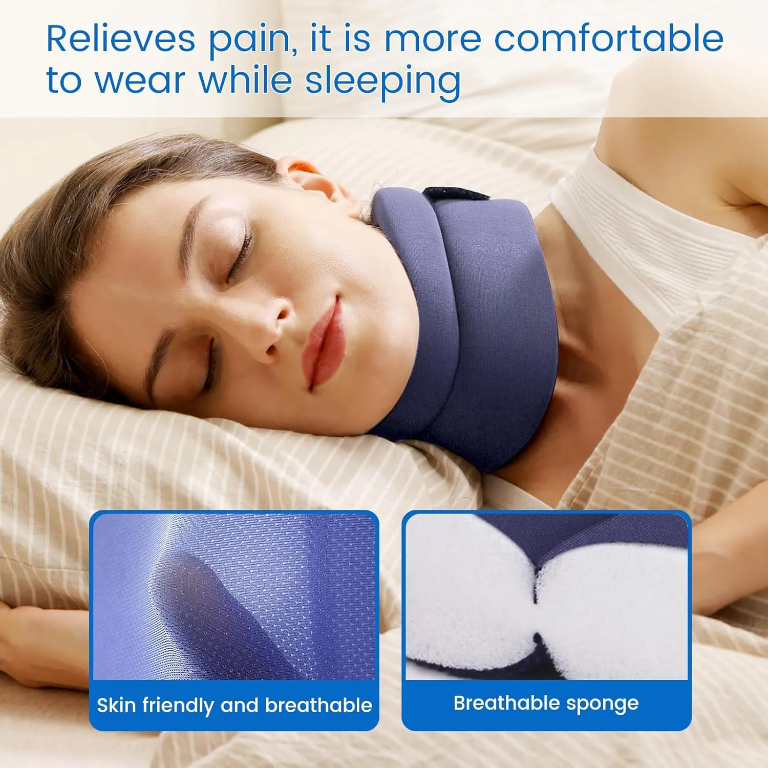 VELPEAU Neck Brace for Neck Pain and Support - Soft Cervical Collar for Sleeping in Bed, Snoozing, Sleeping Upright, Anti-Snoring, Sleep Apnea for Women & Men (Blue, Comfort Version, Medium: 11.5-14"/3″)