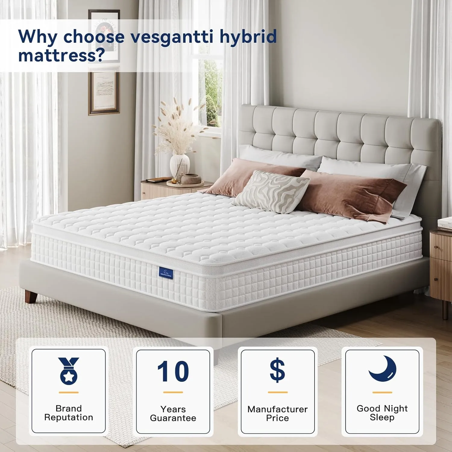 Vesgantti 10 Inch Multilayer Hybrid Queen Mattress - Multiple Sizes & Styles Available, Ergonomic Design with Memory Foam and Pocket Spring, Medium Firm Feel, White