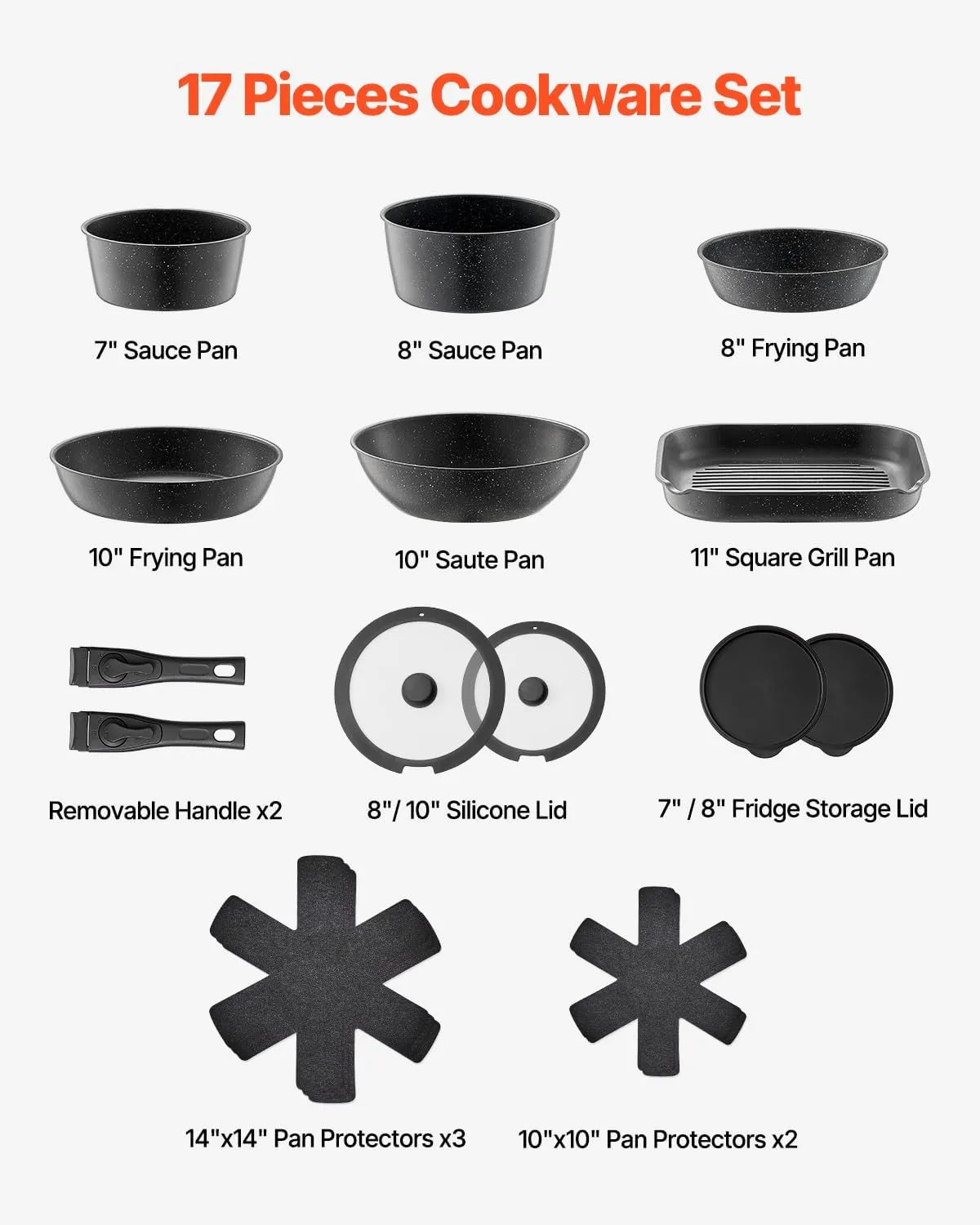 VEVOR 17 Piece Pots and Pans Set, Granite Nonstick Detachable Handle Cookware, Space Saving Induction Cookwares, Kitchen RV Cooking Sets with Frying, Sauce, Saute, Tempered Glass Lid, Oven Safe, Black