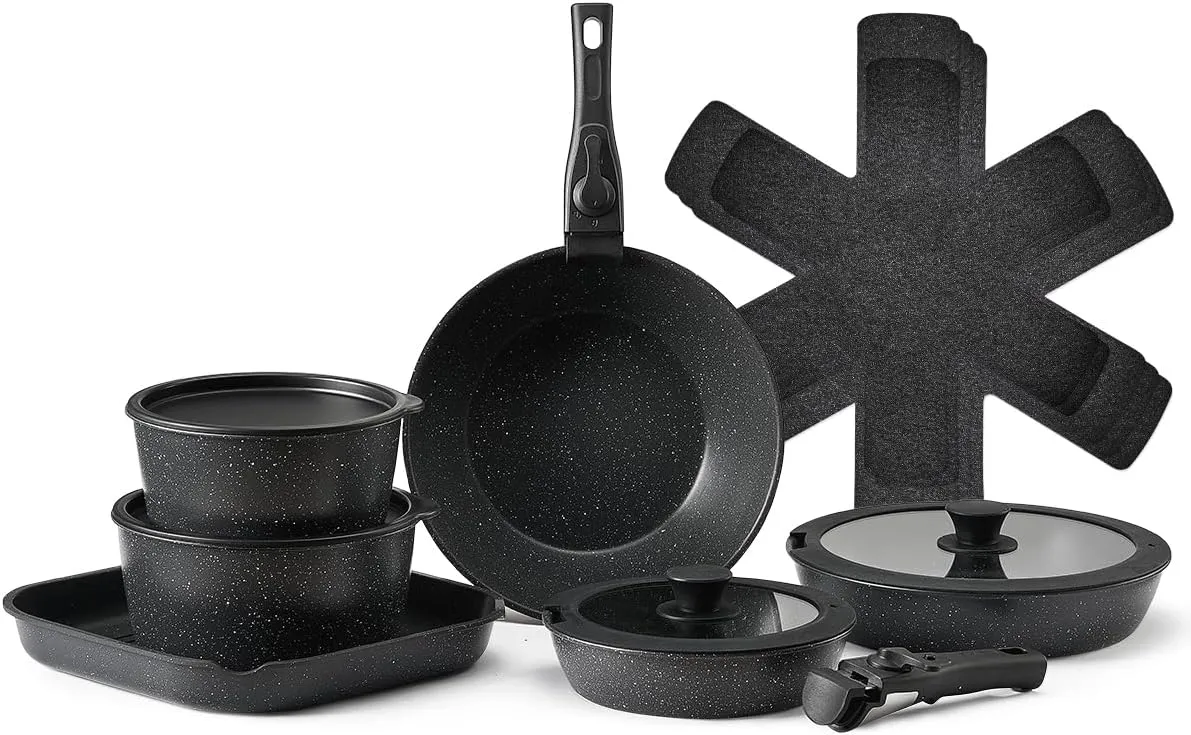 VEVOR 17 Piece Pots and Pans Set, Granite Nonstick Detachable Handle Cookware, Space Saving Induction Cookwares, Kitchen RV Cooking Sets with Frying, Sauce, Saute, Tempered Glass Lid, Oven Safe, Black