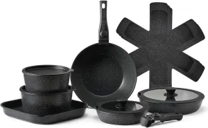 VEVOR 17 Piece Pots and Pans Set, Granite Nonstick Detachable Handle Cookware, Space Saving Induction Cookwares, Kitchen RV Cooking Sets with Frying, Sauce, Saute, Tempered Glass Lid, Oven Safe, Black