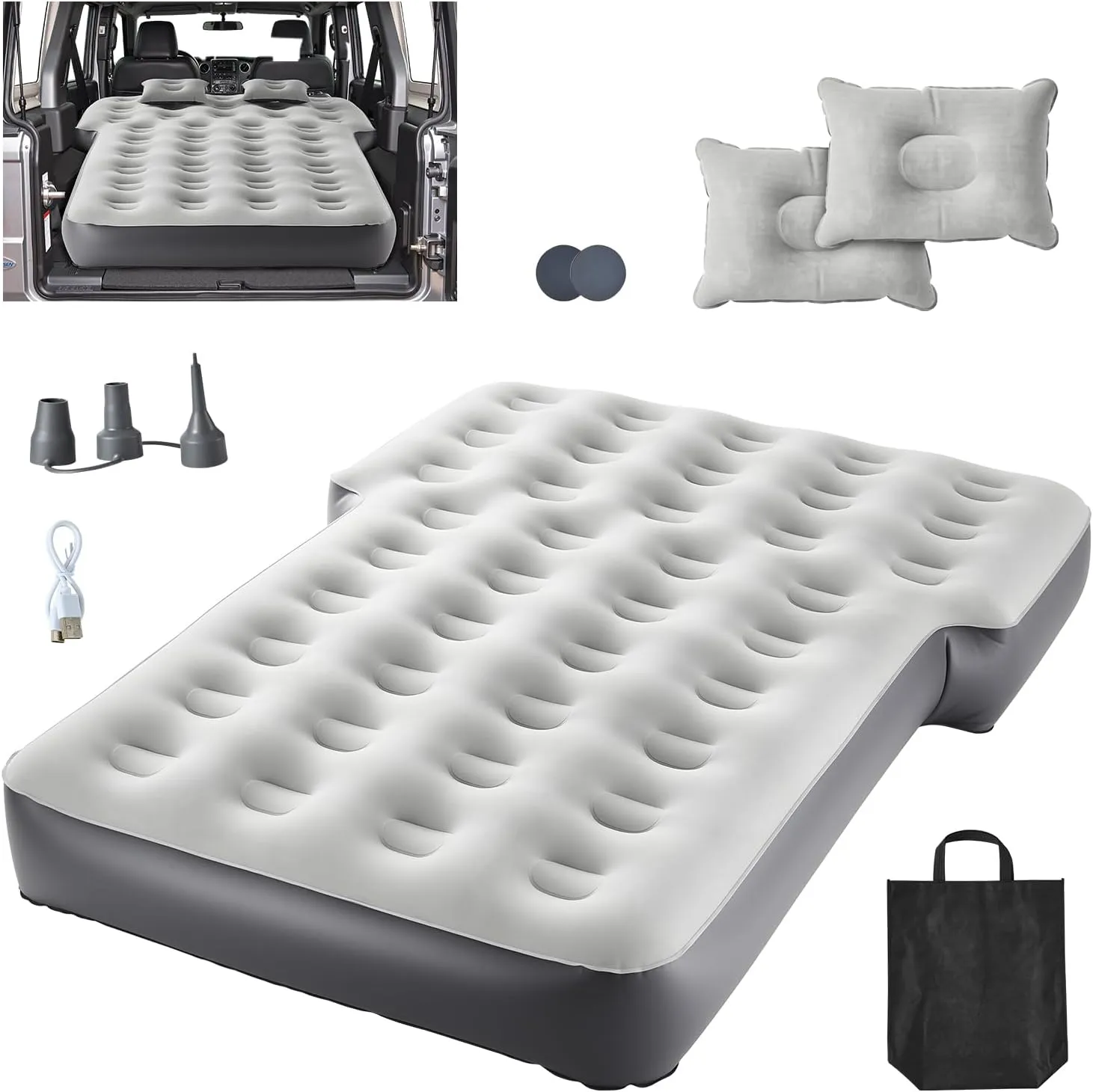 VEVOR Car Air Mattress, Fits Toyota 4runner, Jeep Wrangler, Inflatable Car Camping Mattress, Flocking Thickened Blow Up Travel Beds, Durable Portable Sleeping Pad with Built in Pump, 2 Pillows, Gray