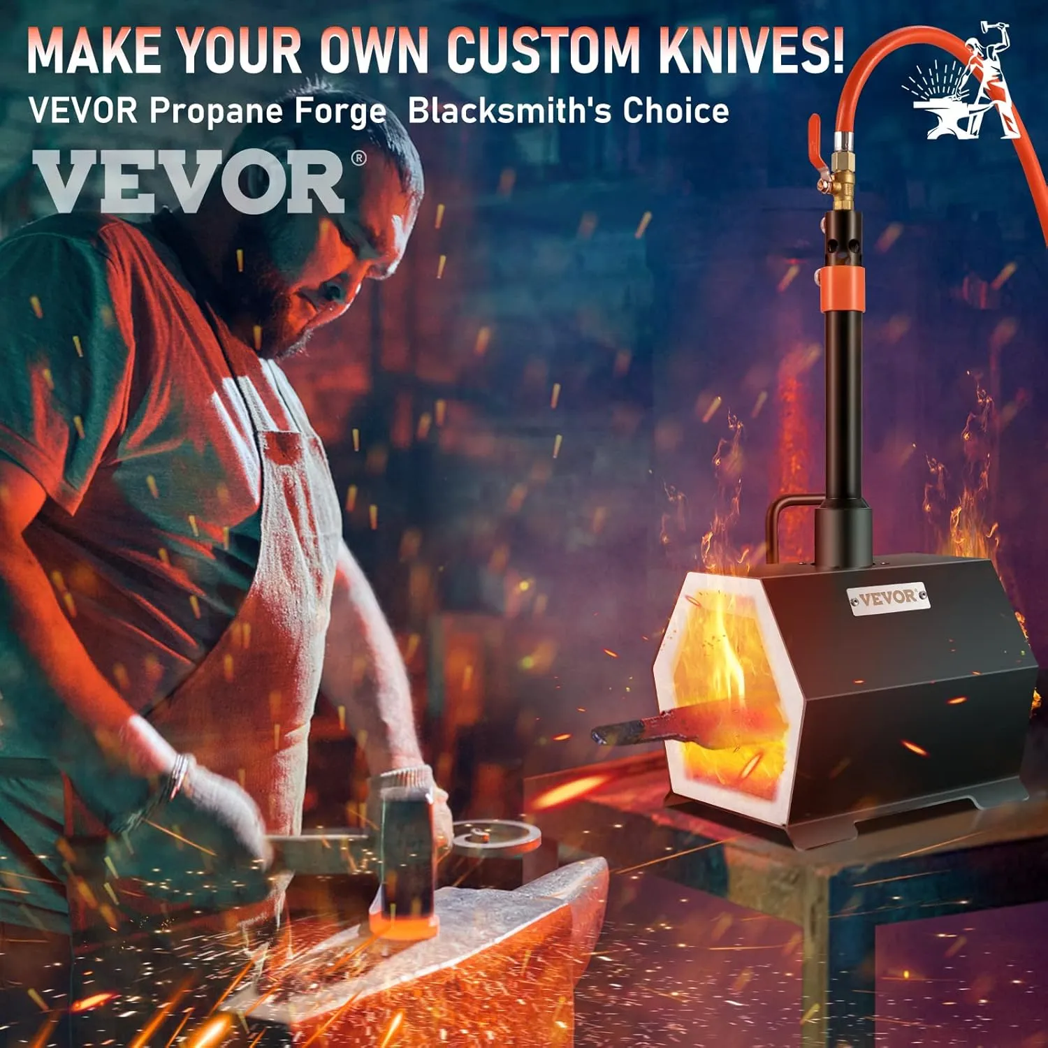 VEVOR Propane Forge Portable, Single Burner 2600°F Metal and Knife Forge, Large Capacity Blacksmithing Farrier Forges, Gas Forging Tools and Equipment, Complete Mini Forge Kit