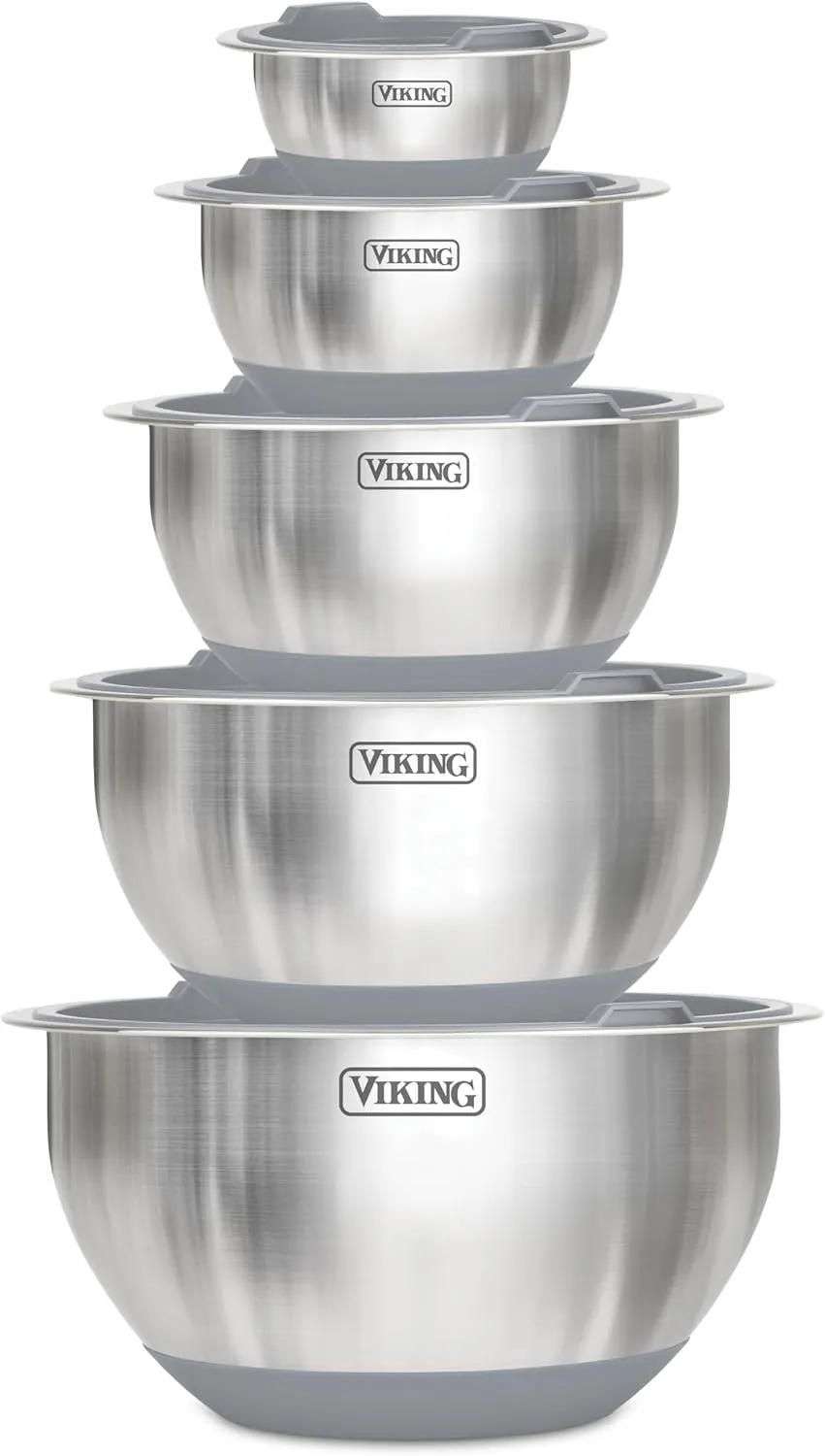 Viking Mixing Bowls Set, 10 Piece Stainless Steel Kitchen Cookware, Non-Slip Silicone Base, Includes Airtight Lids, Dishwasher Safe, Grey