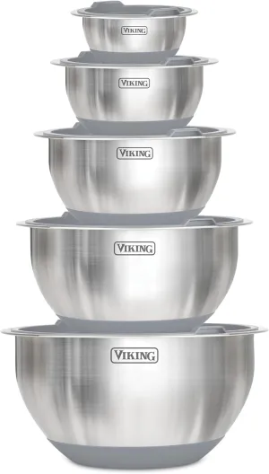 Viking Mixing Bowls Set, 10 Piece Stainless Steel Kitchen Cookware, Non-Slip Silicone Base, Includes Airtight Lids, Dishwasher Safe, Grey
